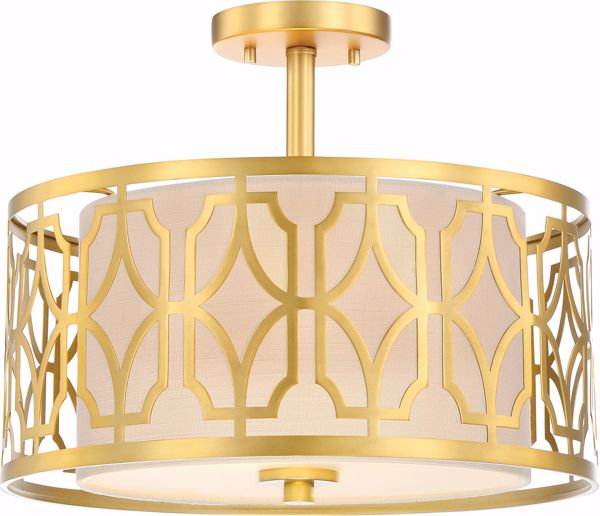 Picture of NUVO Lighting 60/5937 Filigree - 2 Light Semi Flush Mount - Natural Brass Finish - Beige Linen Fabric Shade